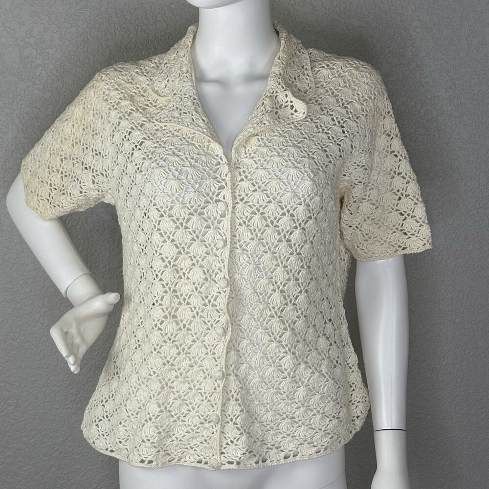 90s Vintage Crochet Top Button Up Y2K Boho Beach Coastal Cowgirl Ivory Size L